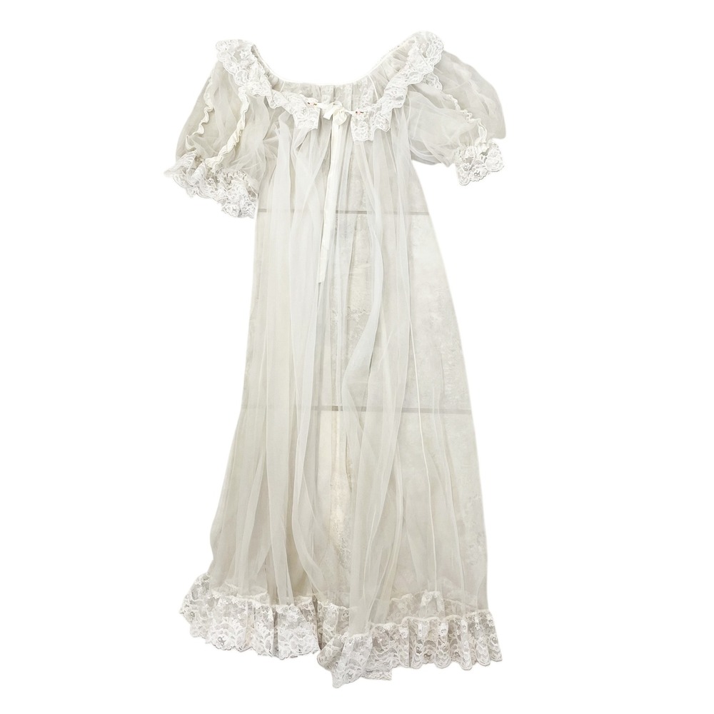 Vintage Sheer White Lace Mesh Robe Angelcore Coquette Puff Sleeve Maxi Nightgown